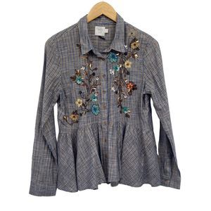 Anthropologie Blue Plaid Peplum Button-Front Blouse with Floral Embroidery